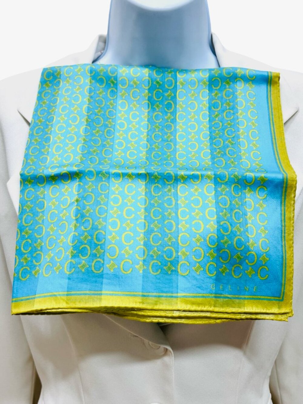 New Celine Paris Mini Scarf 19.5" Cotton/Silk Teal Blue Green Gold Logo "C" (88 - Picture 2 of 9